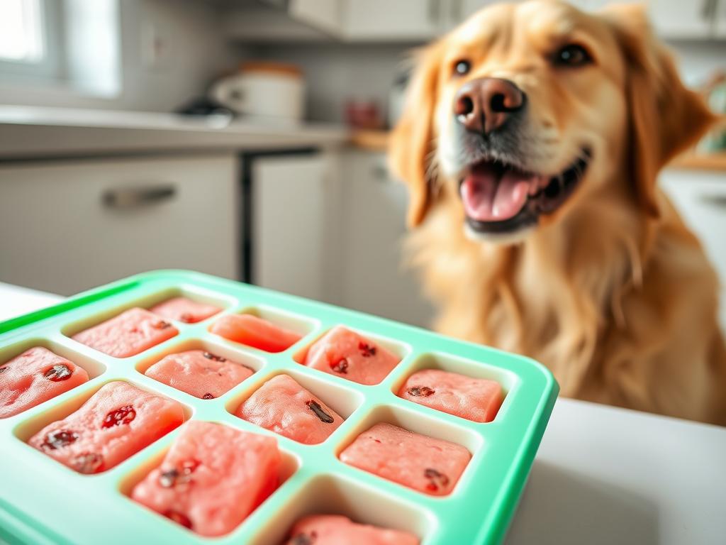 Frozen watermelon dog treats in ice cube trays with a happy dog looking at them