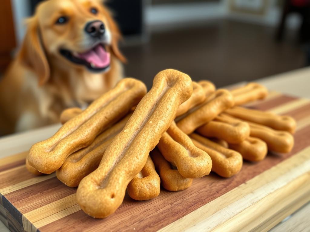 Homemade banana and peanut butter chew sticks for dogs arranged on a wooden board with a happy dog looking at them
