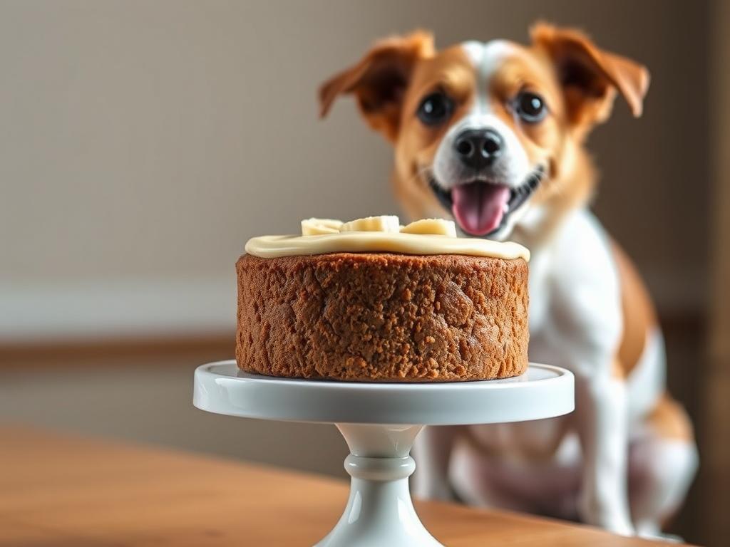 Homemade peanut butter and banana dog cake with a happy dog looking at it