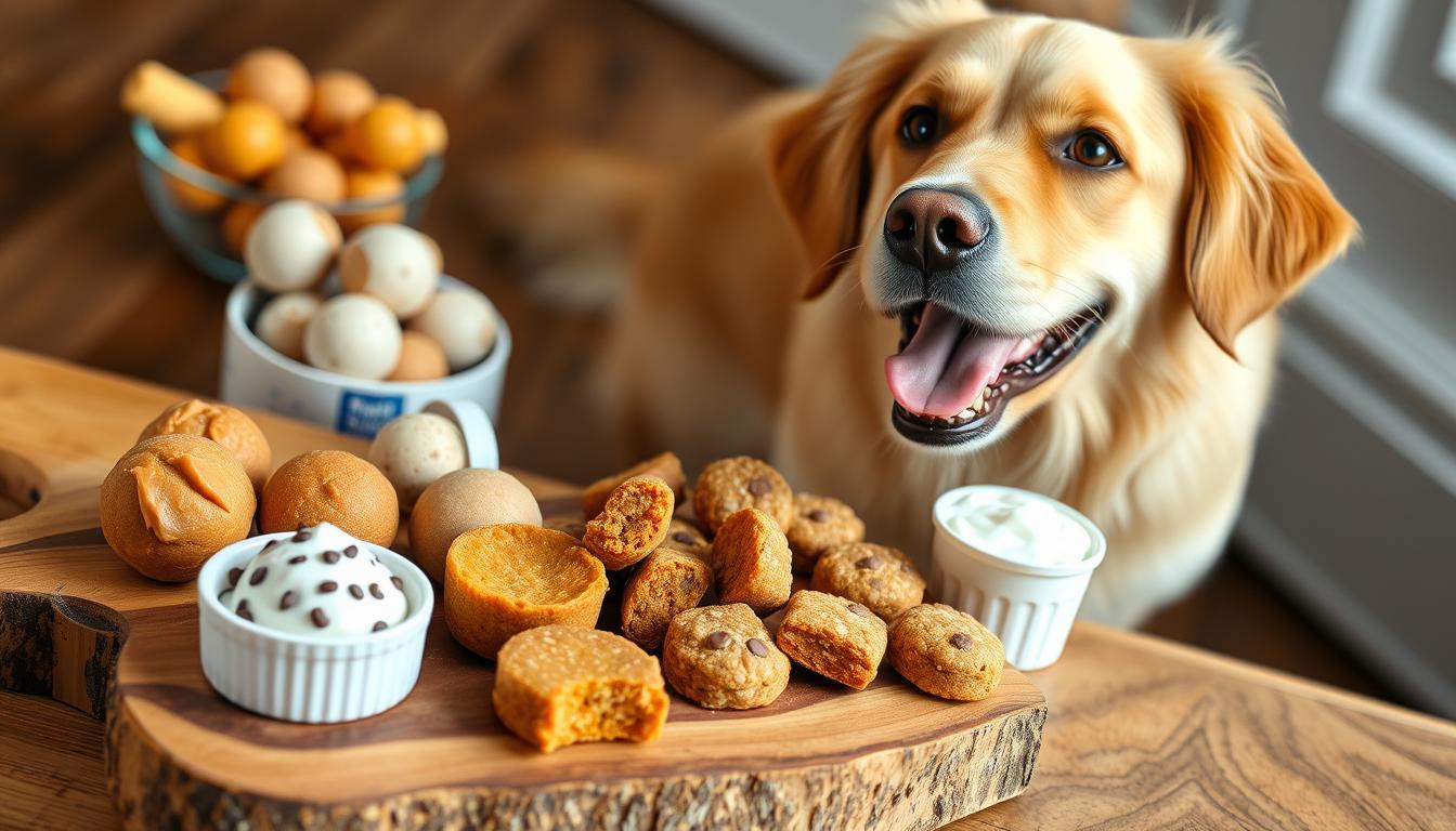 Assortment of homemade no bake dog treats on a wooden board with a happy dog looking at them